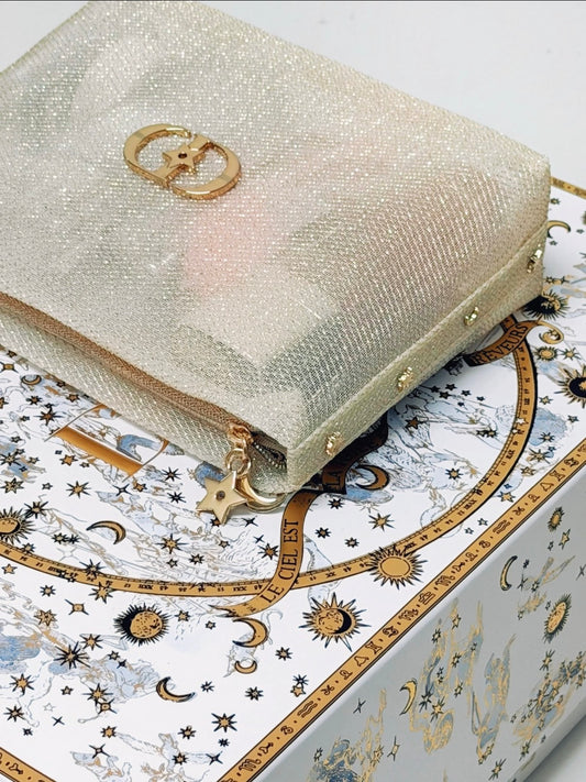Dior Gold glitter mesh makeup bag