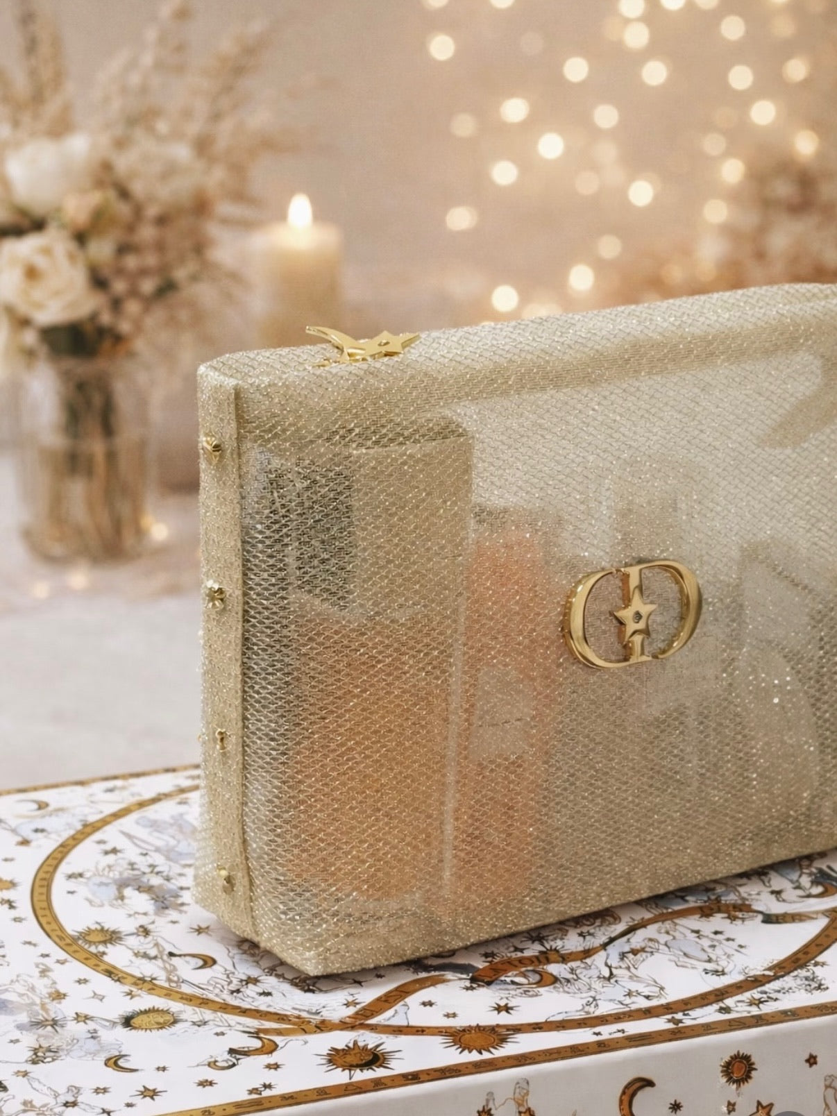 Dior Gold glitter mesh makeup bag