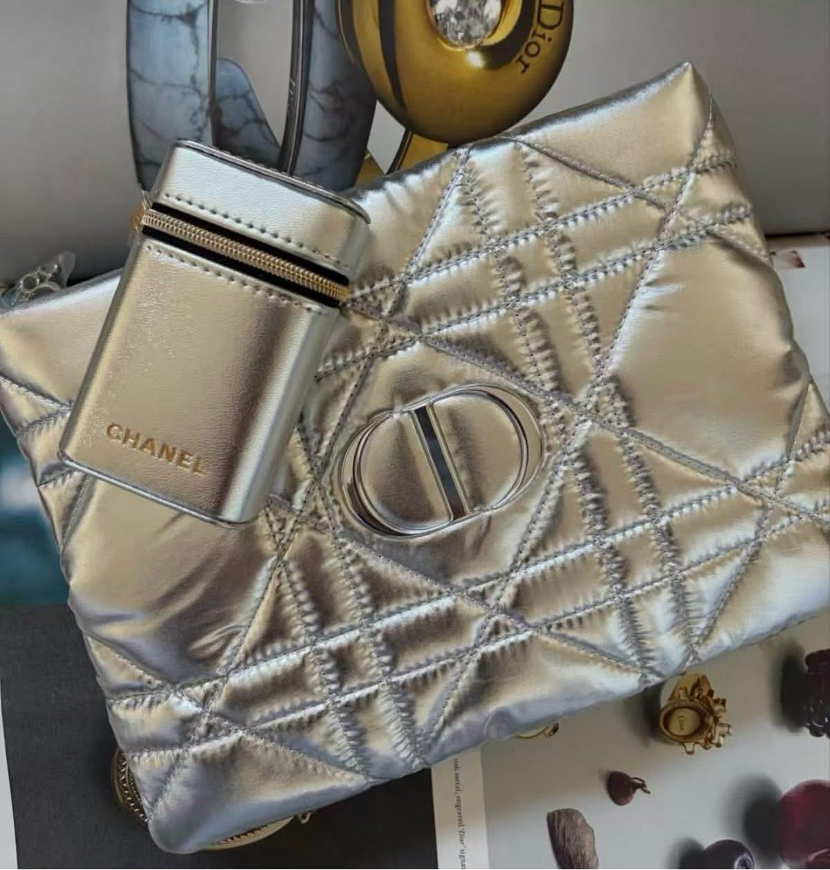 Dior New Limited Edition Silver Makeup Bag