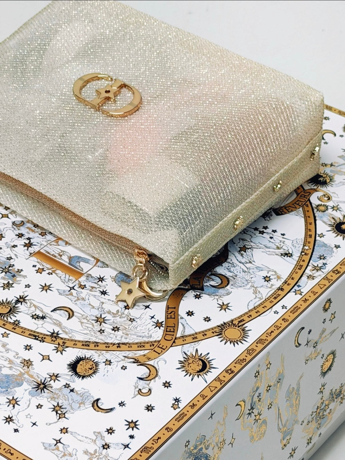 Dior Gold glitter mesh makeup bag