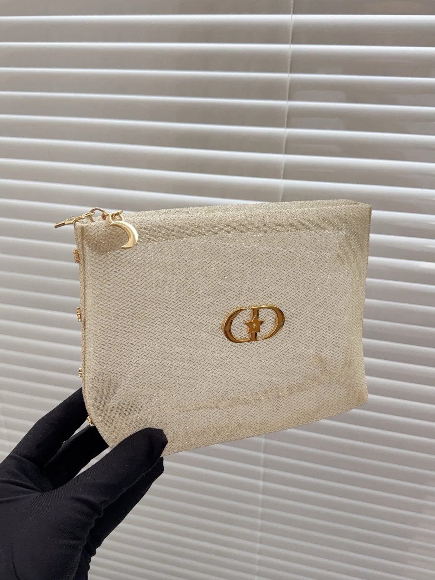 Dior Gold glitter mesh makeup bag